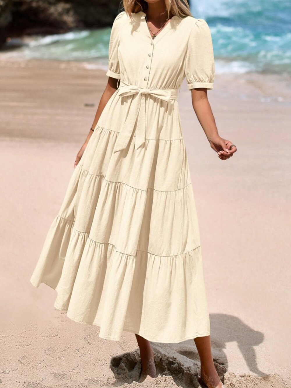 PRETTYGARDEN Cream Tiered Midi Dress Puff Sleeve Button Front Boho Size LargeNWT - Picture 4 of 5